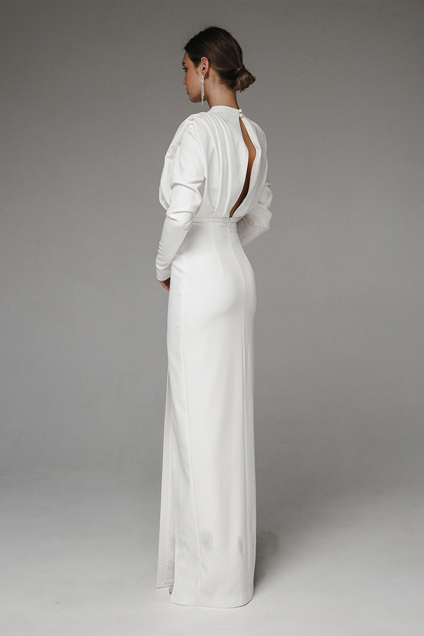 Stand Collar Long Sleeve Pleated Waist Slit Maxi Dress