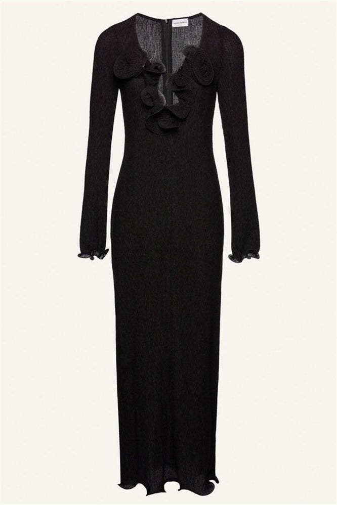 Long Sleeve V-Neck Slit Maxi Dress Solid Color