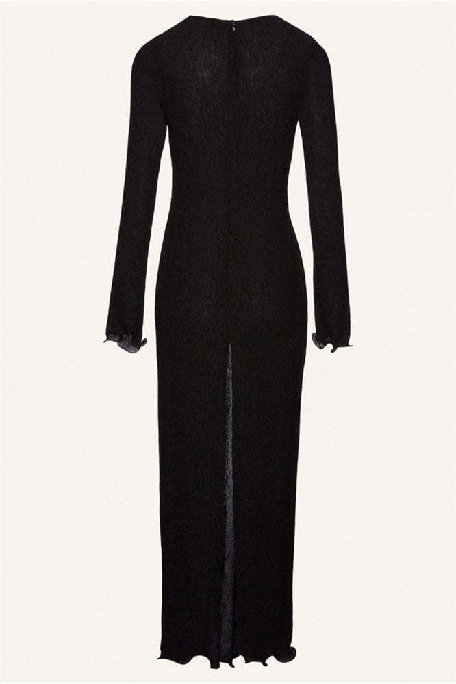 Long Sleeve V-Neck Slit Maxi Dress Solid Color