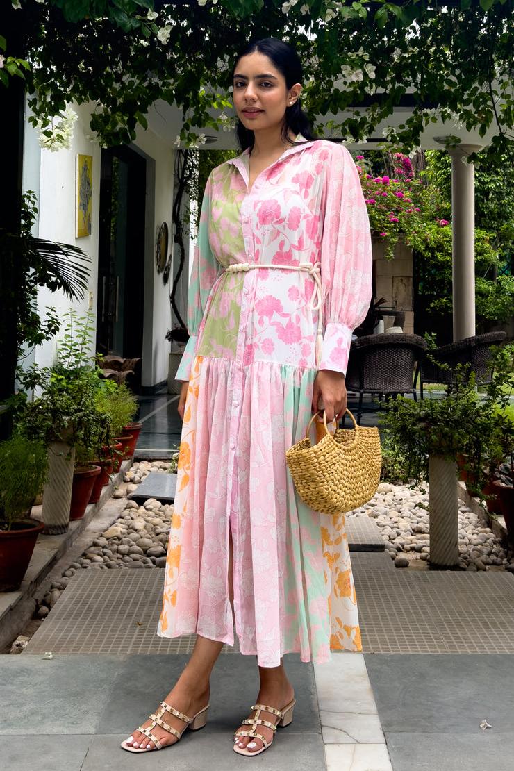 Printed Stand Collar Belted Midi Dress