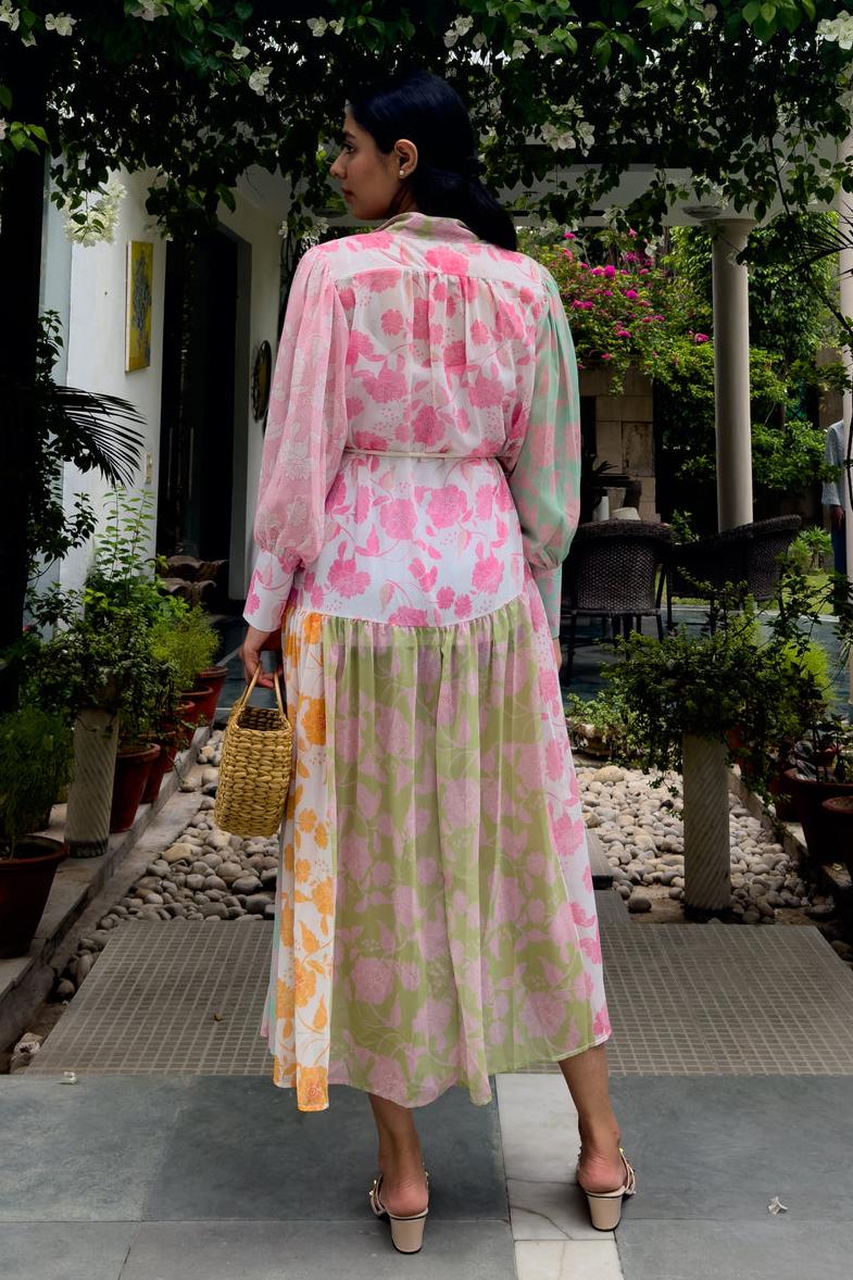 Printed Stand Collar Belted Midi Dress