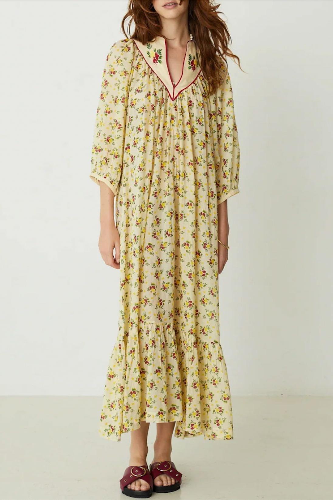 Floral Puff Sleeve V-Neck Ruffled Maxi Dress
