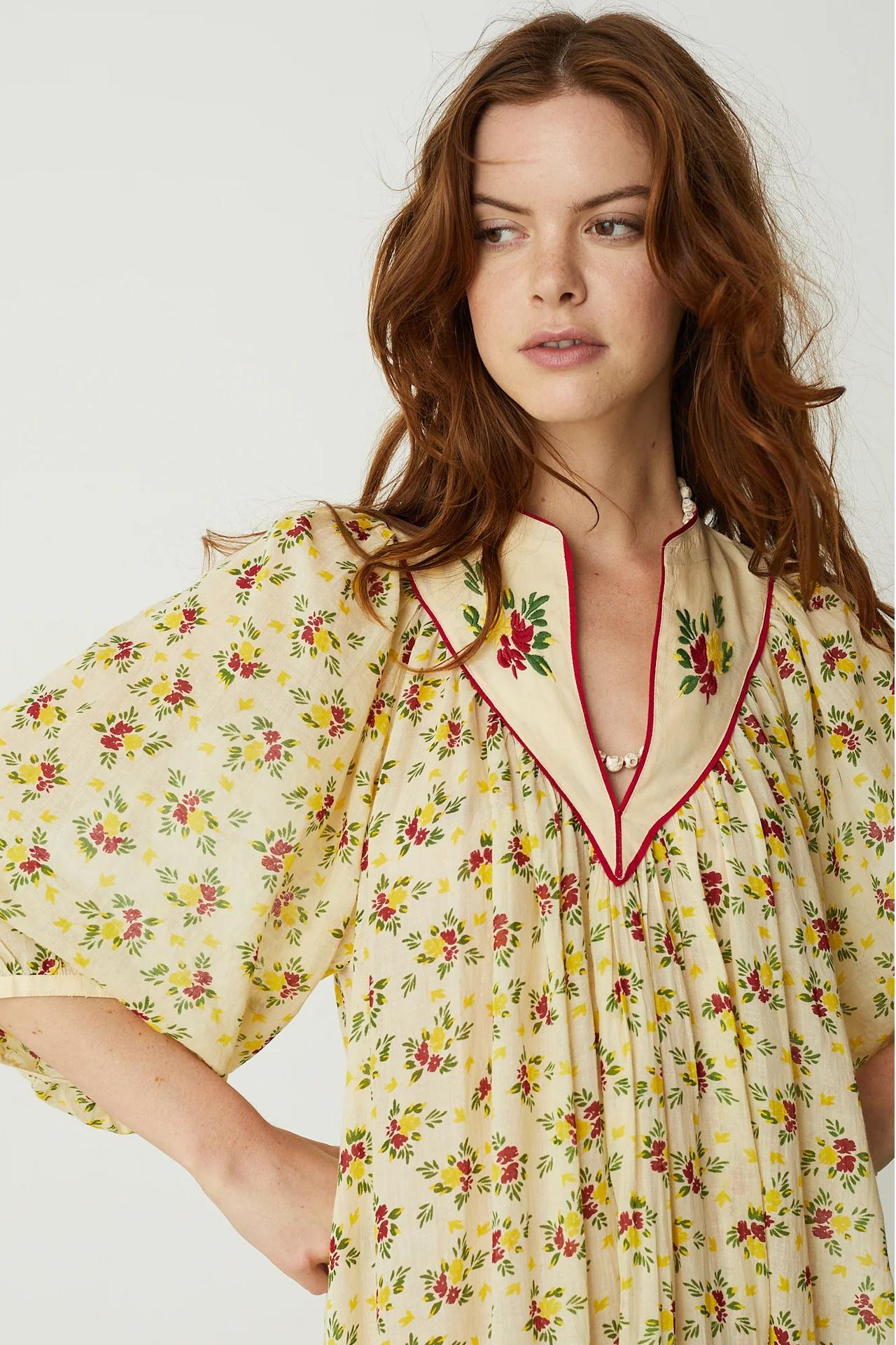 Floral Puff Sleeve V-Neck Ruffled Maxi Dress