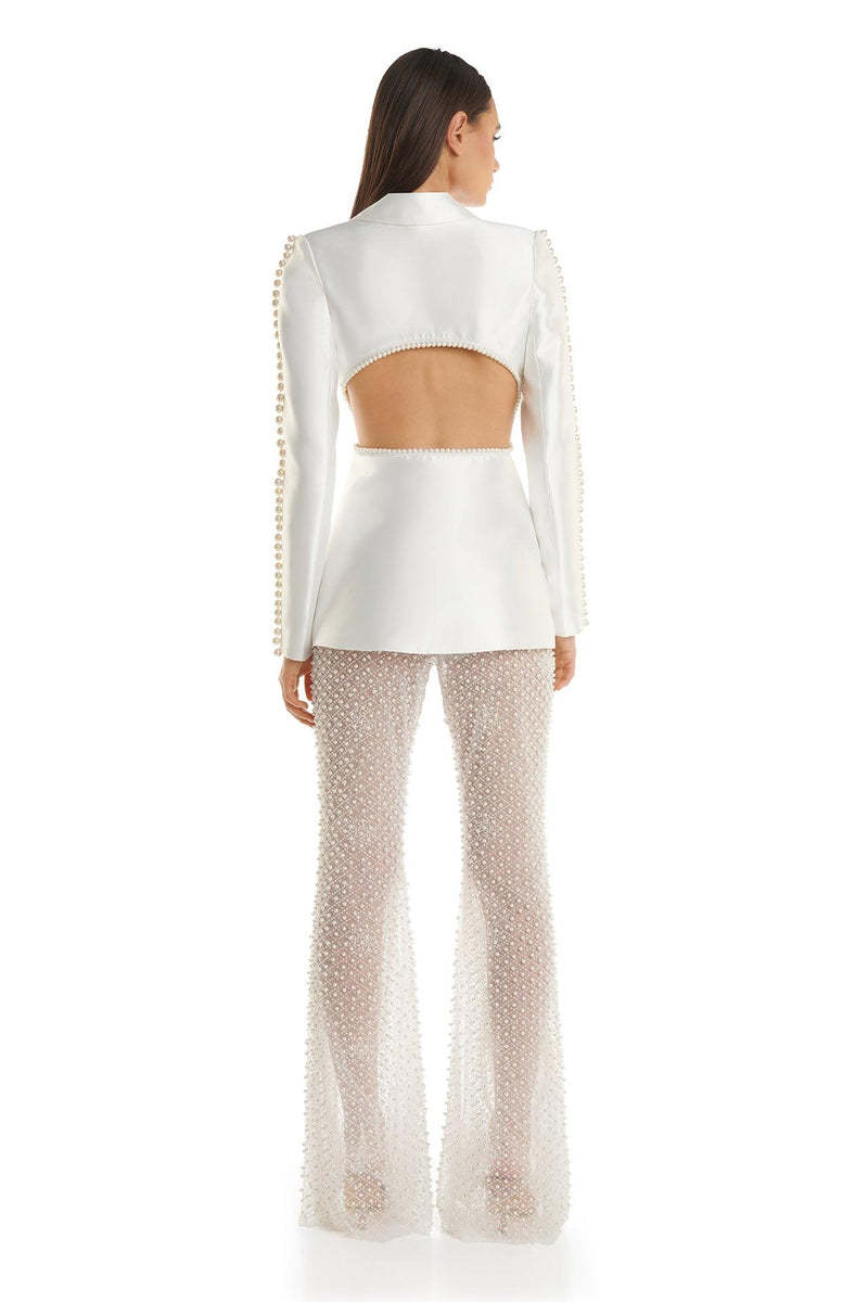 Faux Pearl 3D Flower Cut-Out Blazer