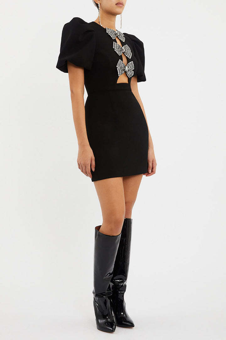 Bow Cut-Out Puff Sleeve Mini Dress