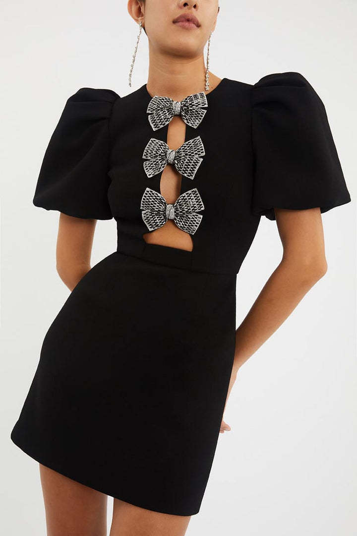 Bow Cut-Out Puff Sleeve Mini Dress