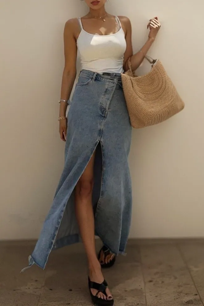 Denim High Waist Split Skirt
