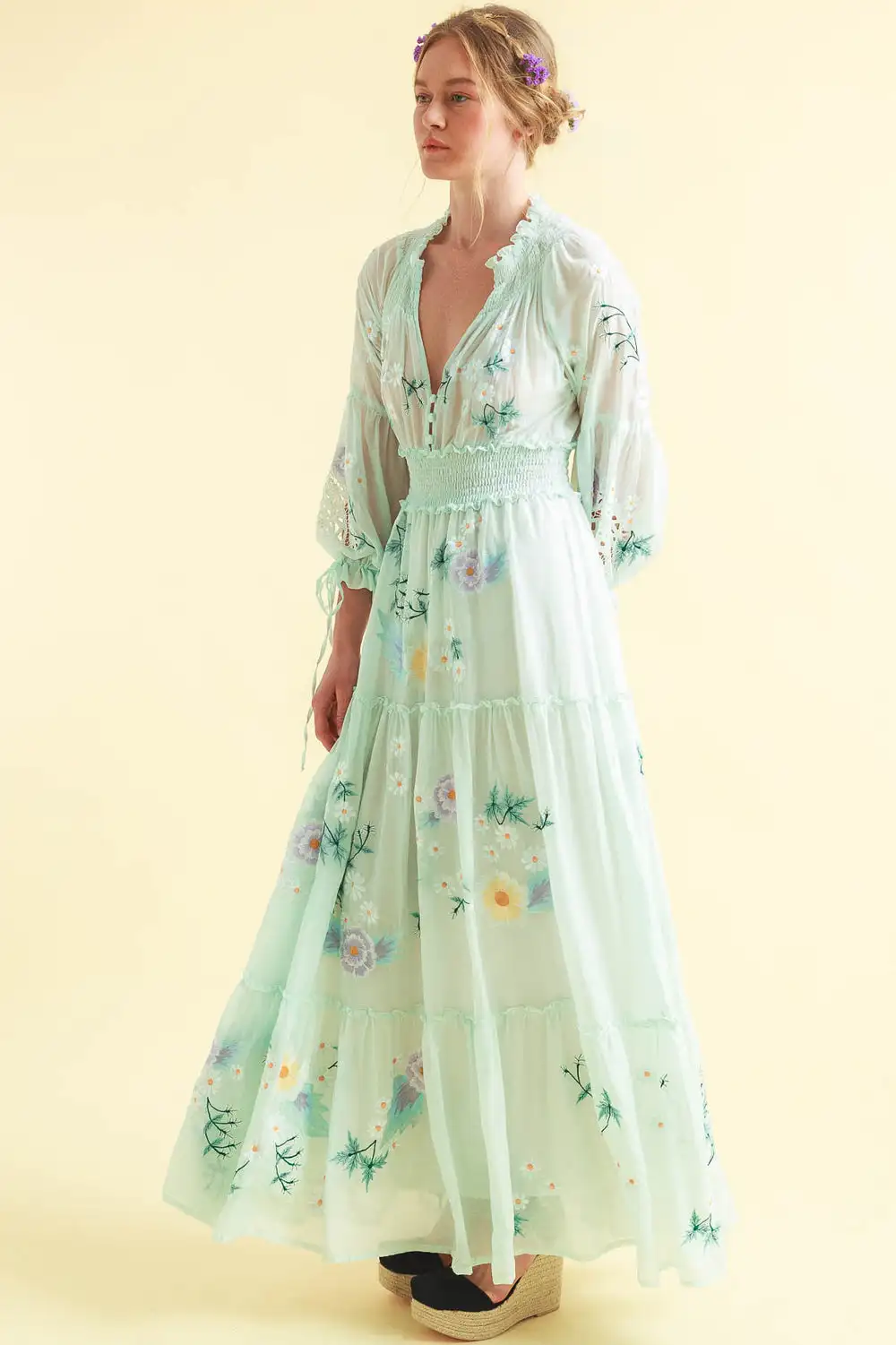 V-Neck Long Sleeve Embroidery Maxi Dress