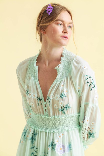 V-Neck Long Sleeve Embroidery Maxi Dress