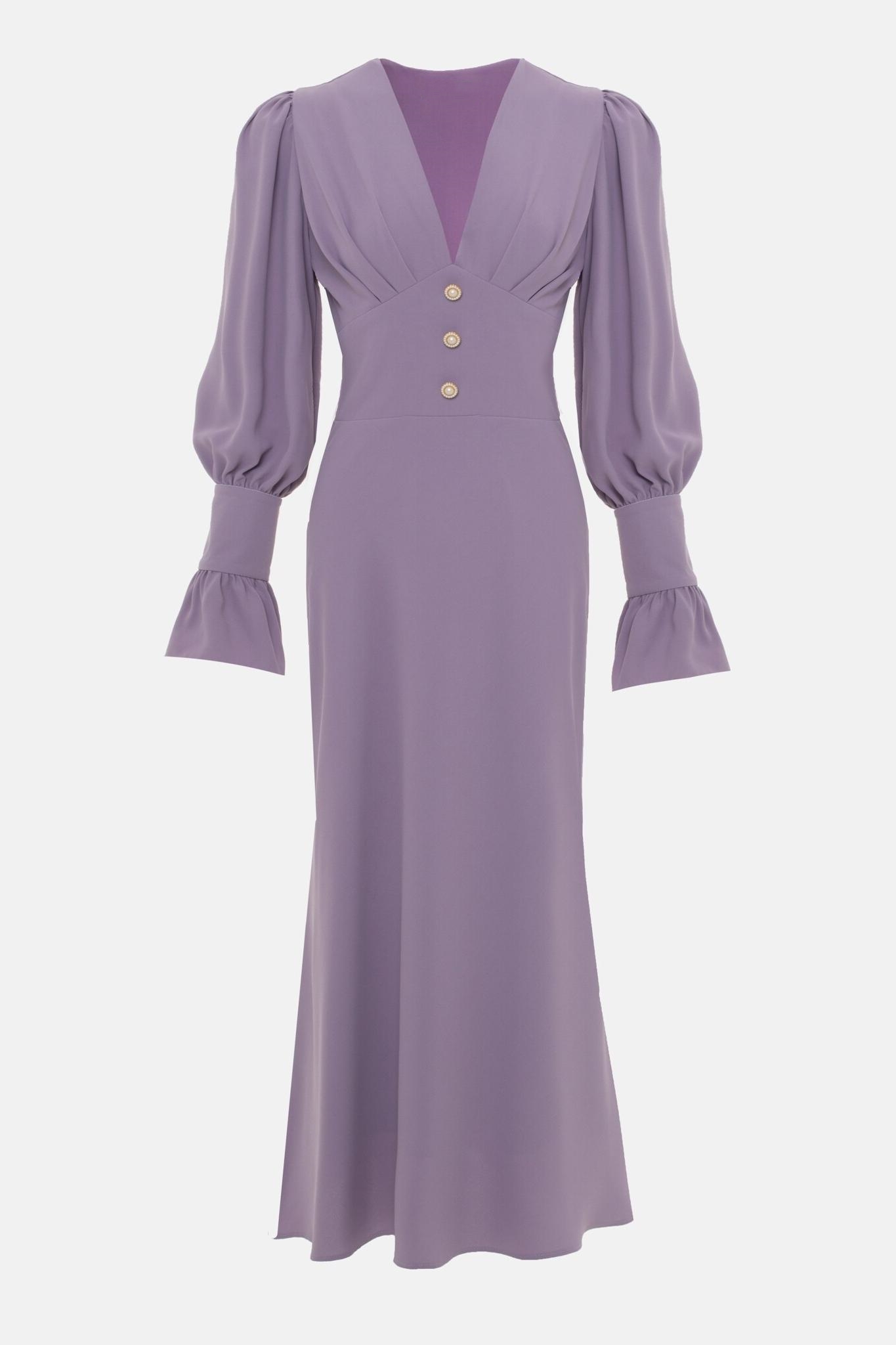 Solid V-Neck Lantern Sleeve Midi Dress