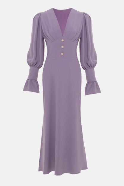Solid V-Neck Lantern Sleeve Midi Dress