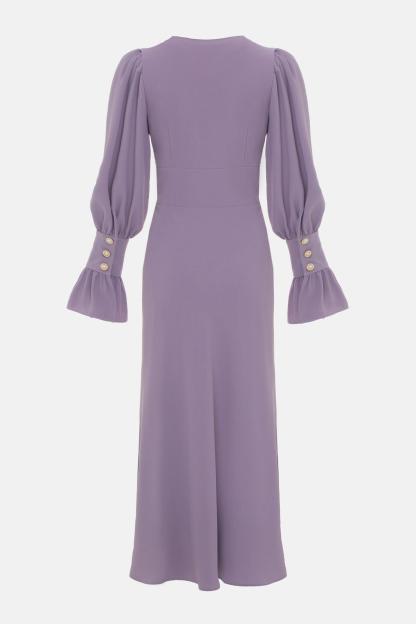 Solid V-Neck Lantern Sleeve Midi Dress