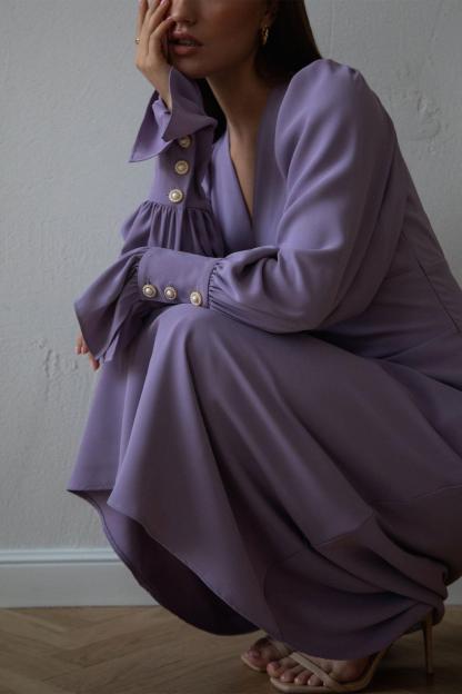 Solid V-Neck Lantern Sleeve Midi Dress