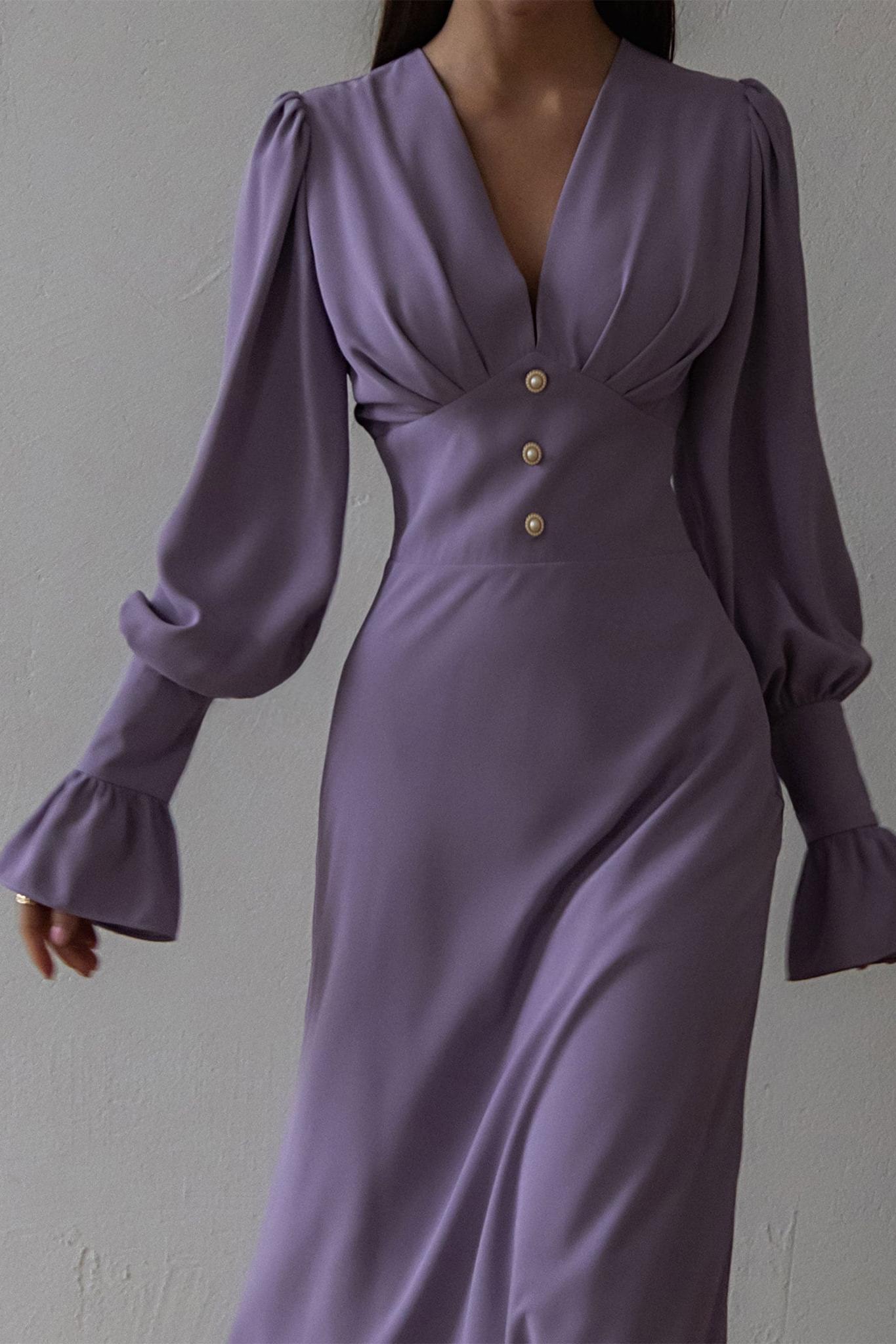 Solid V-Neck Lantern Sleeve Midi Dress