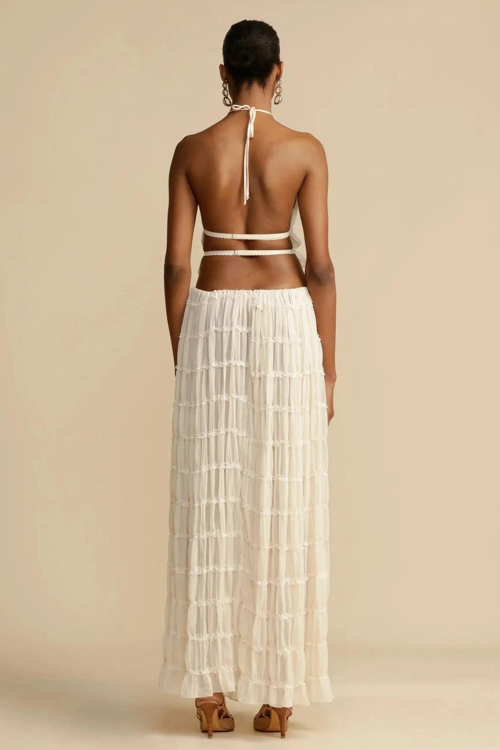 Smocking Halter Neck Backless Top & Mid Waist Maxi Skirt Set