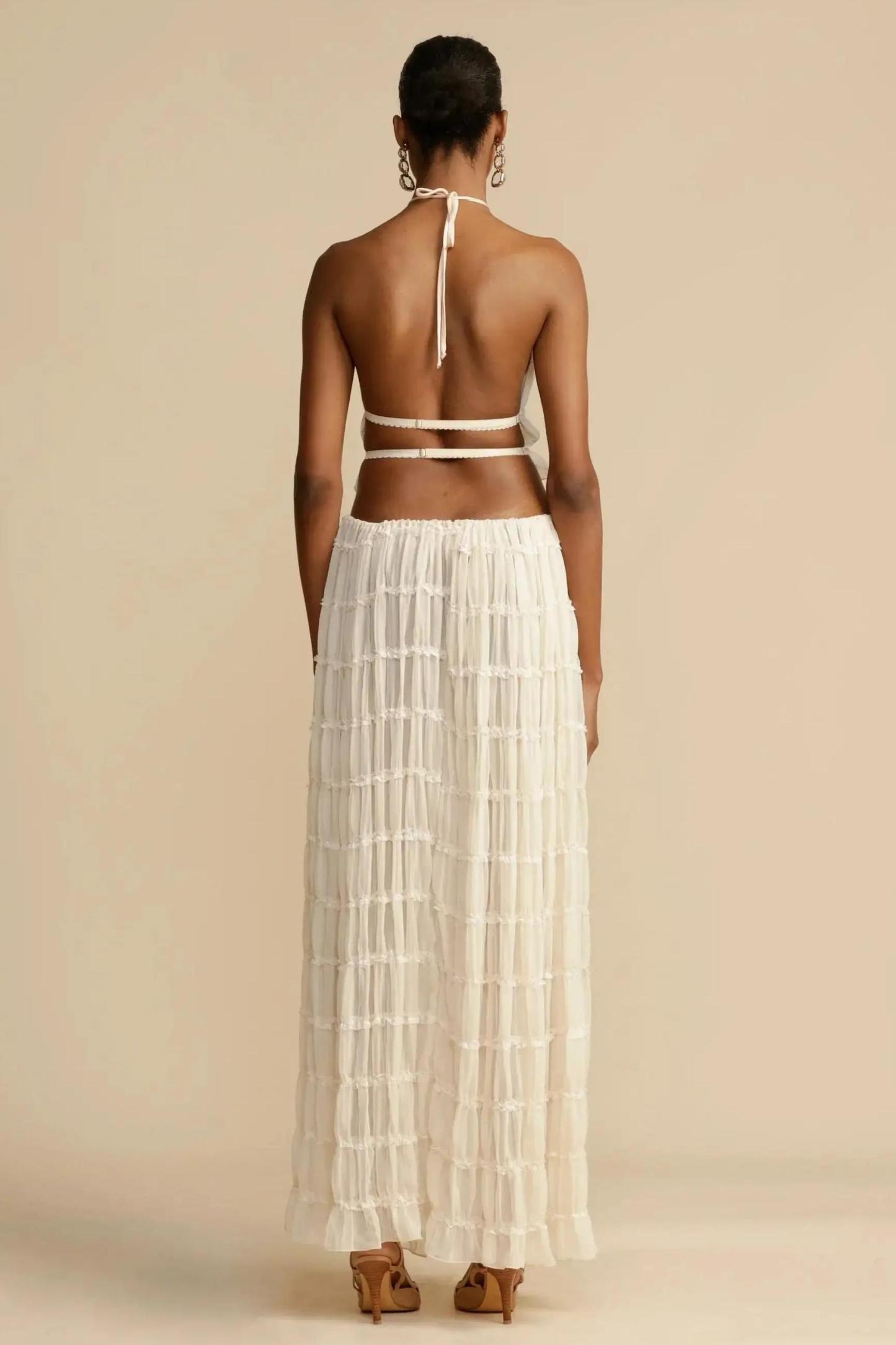 Smocking Halter Neck Backless Top & Mid Waist Maxi Skirt Set