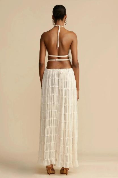 Smocking Halter Neck Backless Top & Mid Waist Maxi Skirt Set