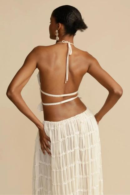 Smocking Halter Neck Backless Top & Mid Waist Maxi Skirt Set