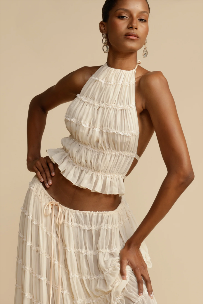 Smocking Halter Neck Backless Top �� Mid Waist Maxi Skirt Set