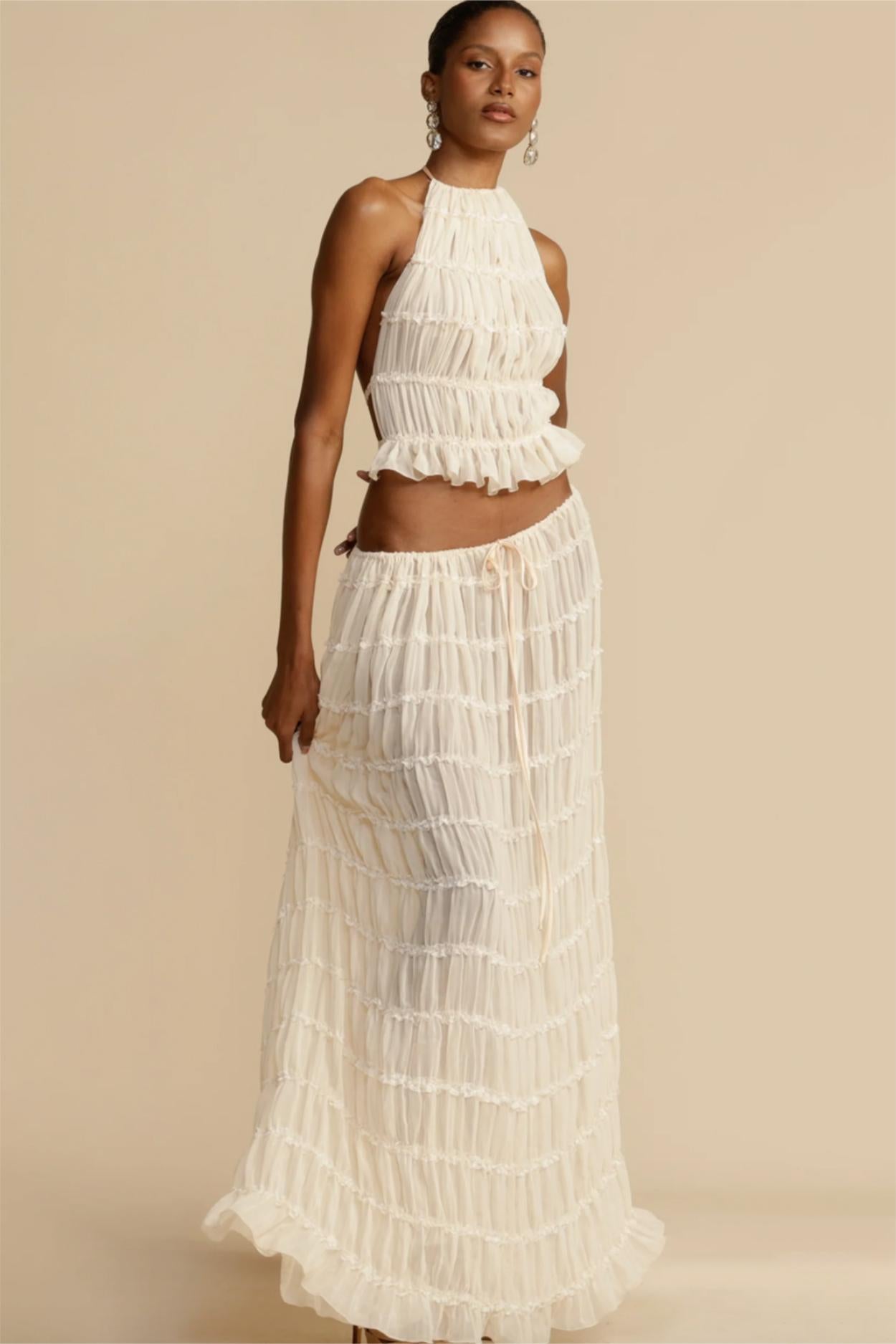 Smocking Halter Neck Backless Top �� Mid Waist Maxi Skirt Set