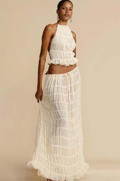 Smocking Halter Neck Backless Top �� Mid Waist Maxi Skirt Set