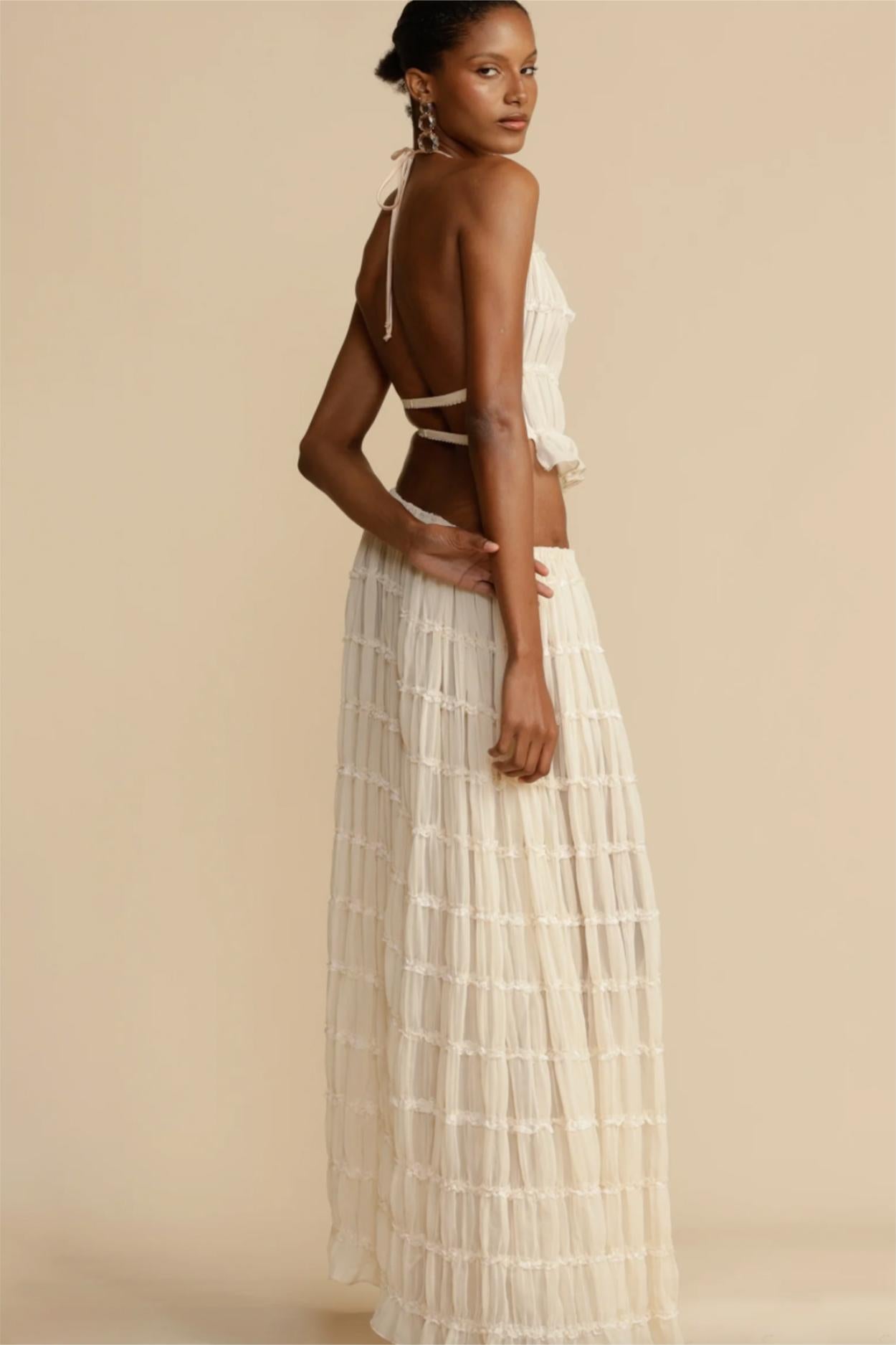 Smocking Halter Neck Backless Top �� Mid Waist Maxi Skirt Set