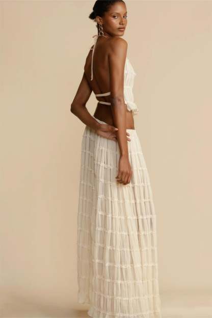 Smocking Halter Neck Backless Top �� Mid Waist Maxi Skirt Set