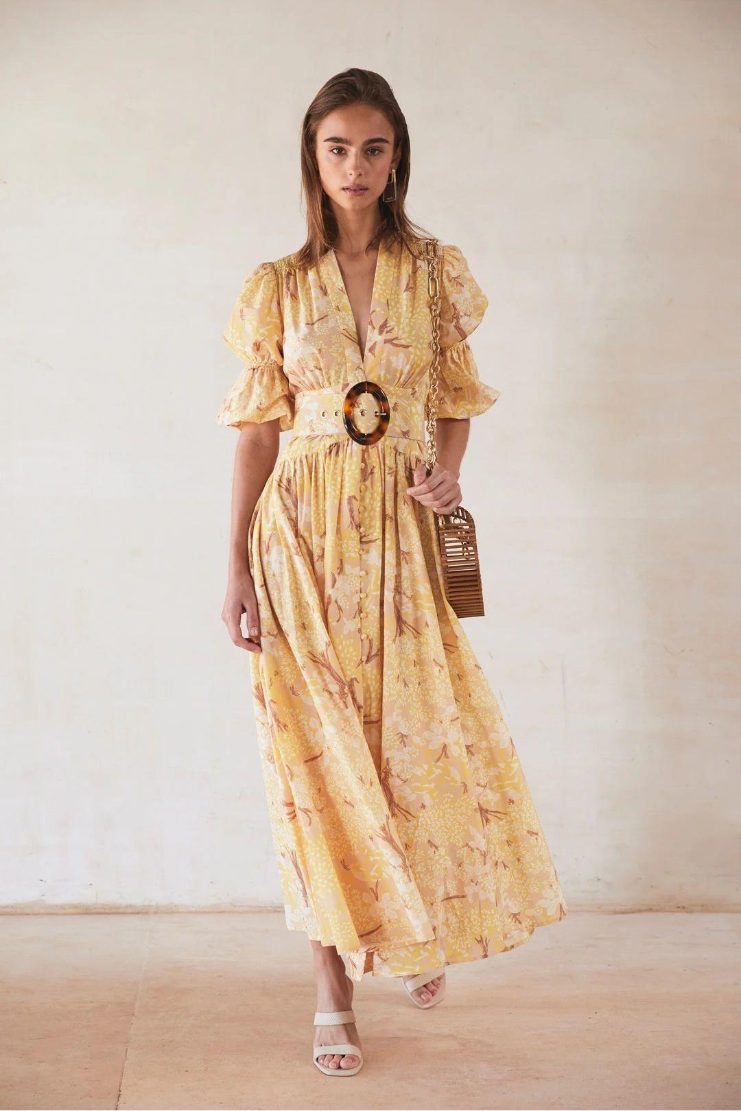 Chiffon Floral V-Neck Midi Dress With Belt