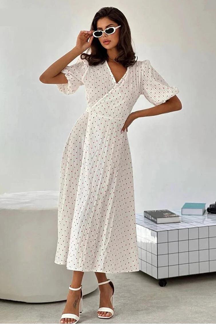 Heart Print Puff Sleeve Wrap Midi Dress