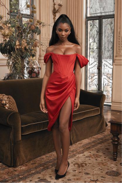 Satin Corset Off-Shoulder Split Midi Dress
