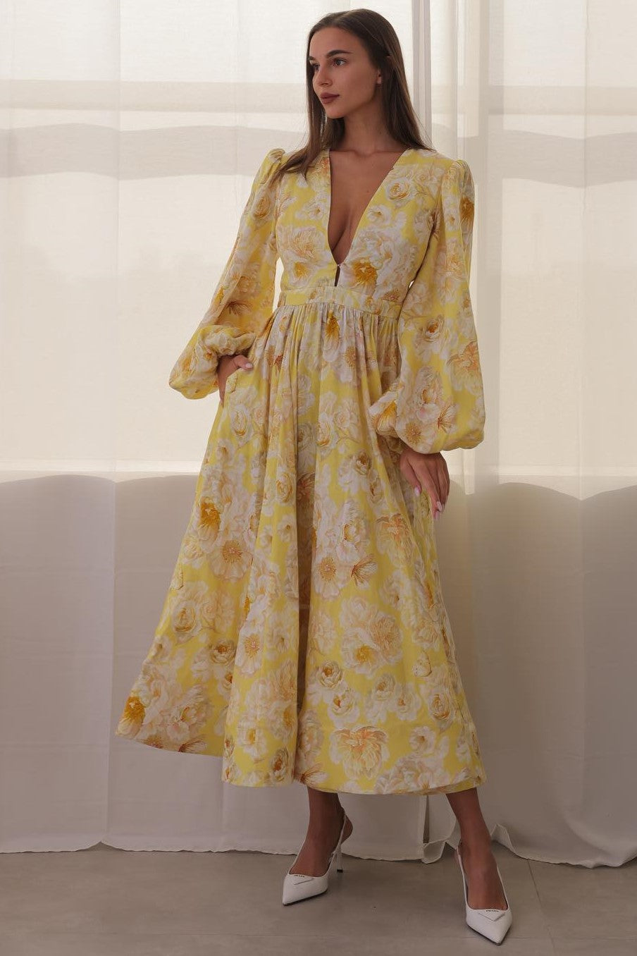 Floral V-Neck Long Sleeve Midi Dress