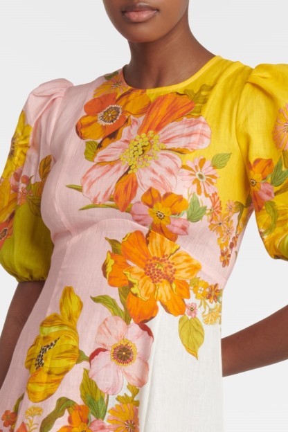 Floral Puff Sleeve Round Neckline Midi Dress