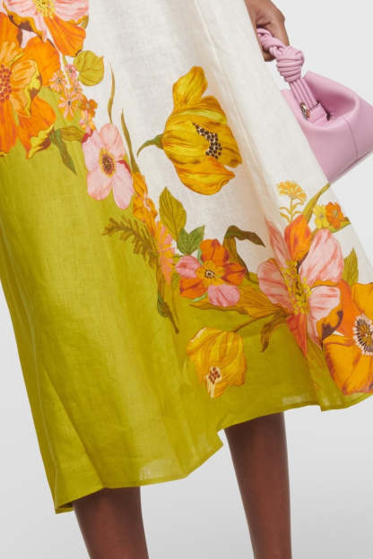 Floral Puff Sleeve Round Neckline Midi Dress