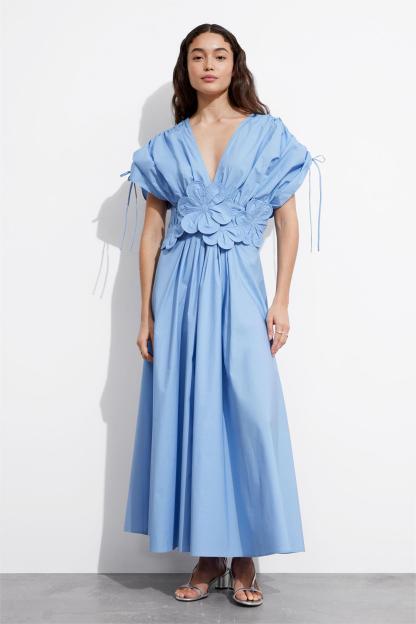 3D Floral V-Neck Lace Up Midi Dress