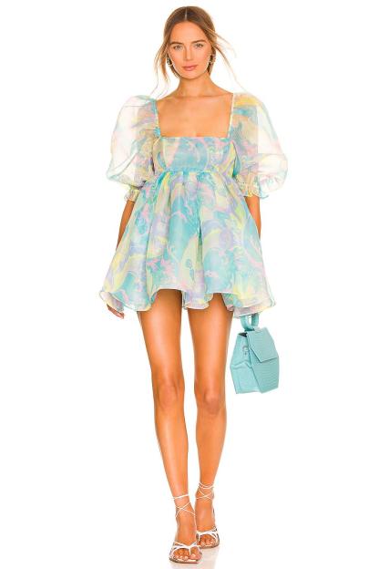 Floral Square Collar Puff Sleeve Mini Dress
