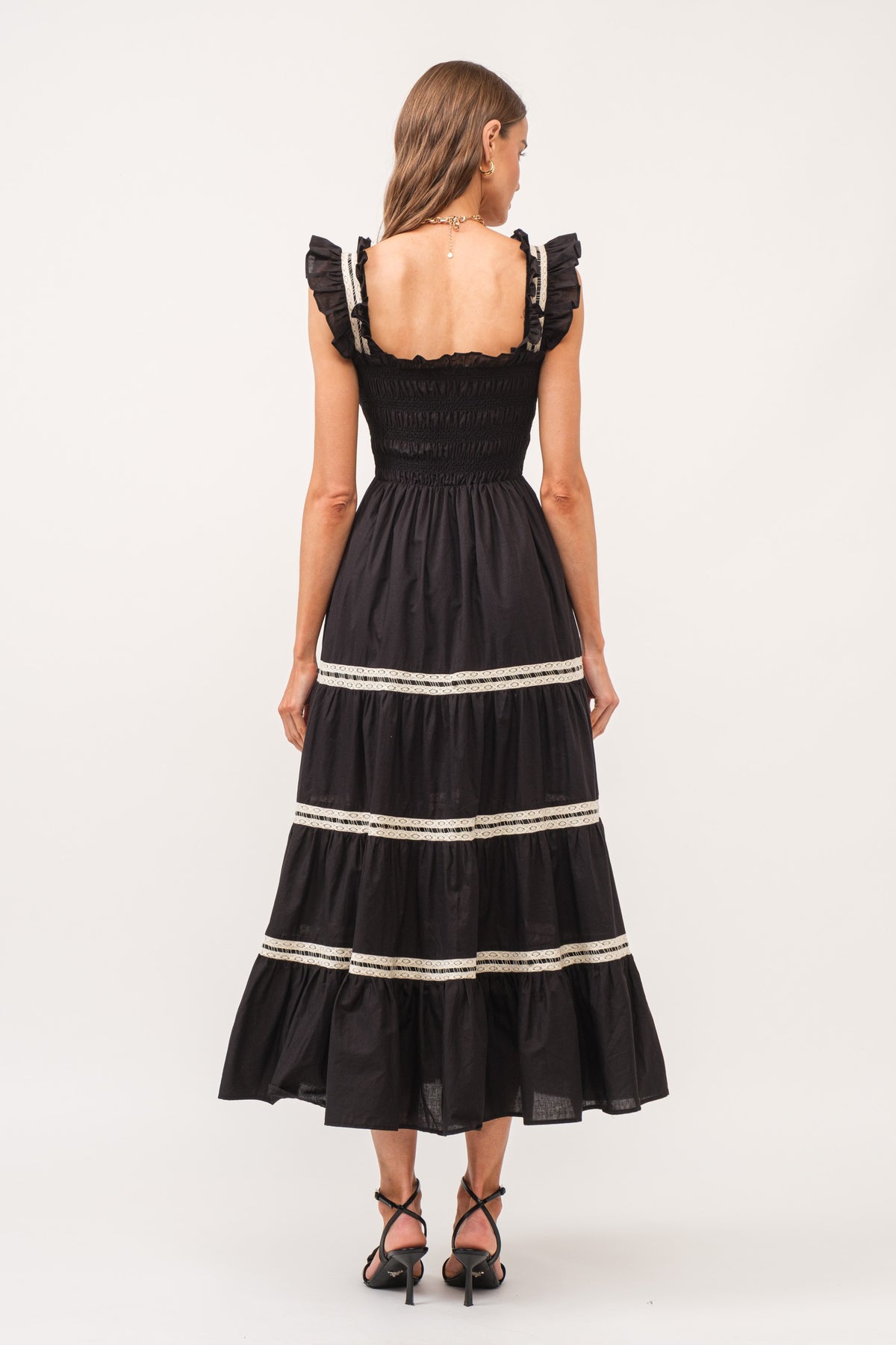 Lace Smocking Frill Sleeveless Midi Dress