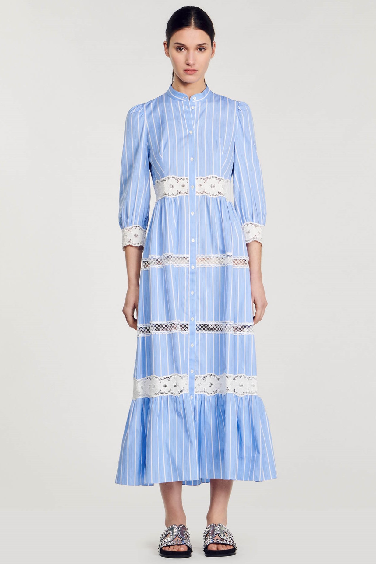 Stripe Lace Puff Sleeve Midi Dress