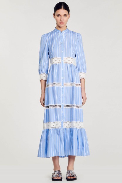 Stripe Lace Puff Sleeve Midi Dress