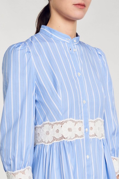 Stripe Lace Puff Sleeve Midi Dress