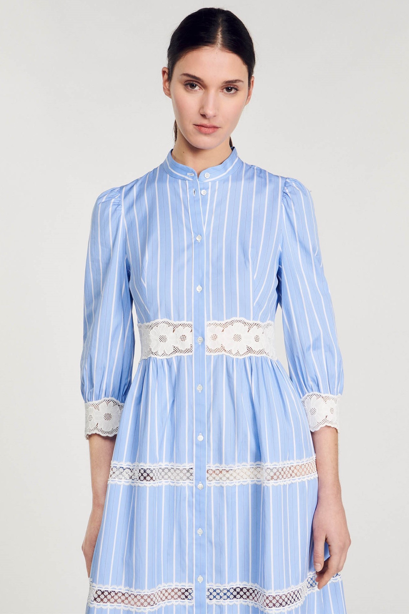 Stripe Lace Puff Sleeve Midi Dress