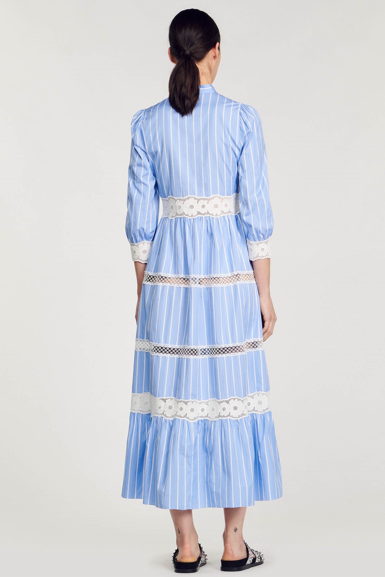 Stripe Lace Puff Sleeve Midi Dress