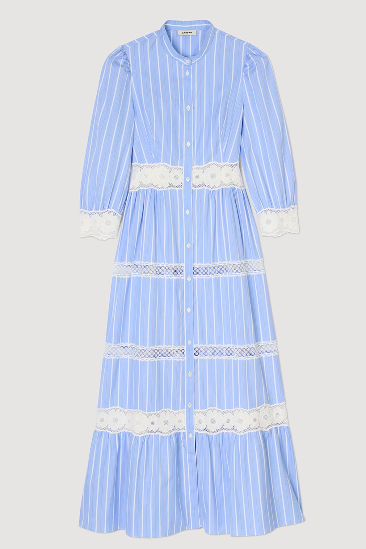 Stripe Lace Puff Sleeve Midi Dress
