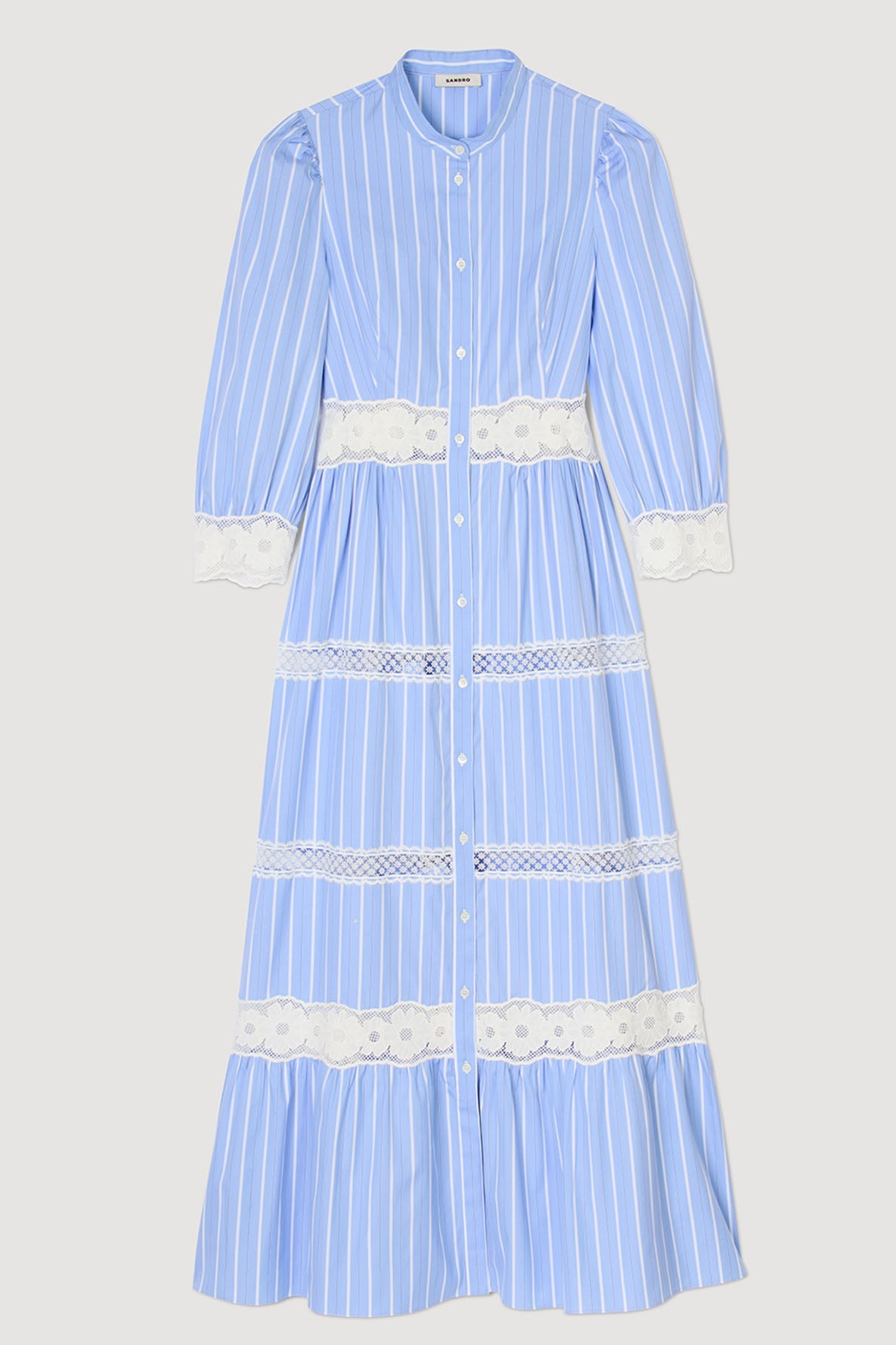 Stripe Lace Puff Sleeve Midi Dress