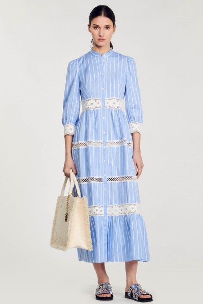 Stripe Lace Puff Sleeve Midi Dress