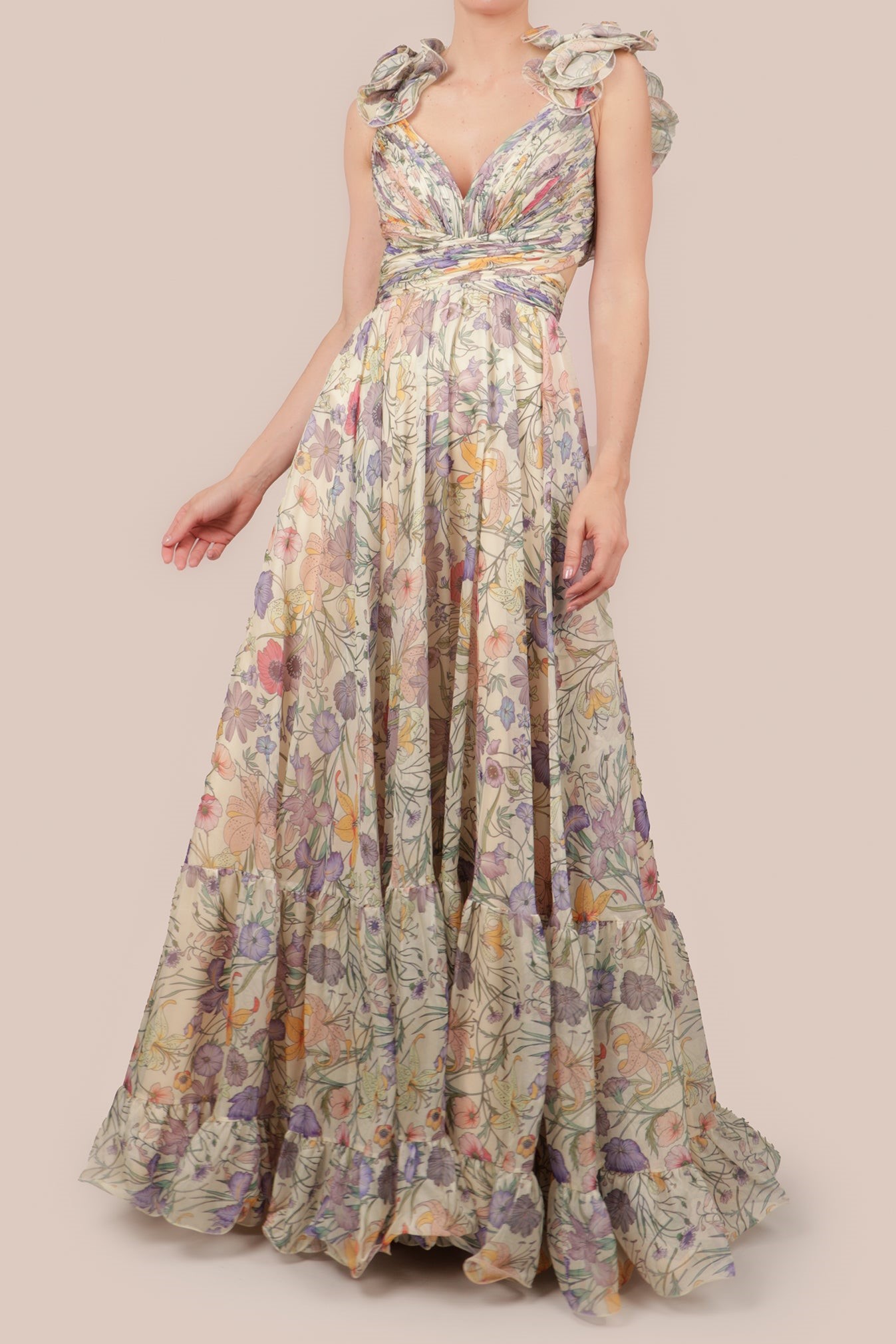 Floral Pleated Backless Lace Up Maxi Dress