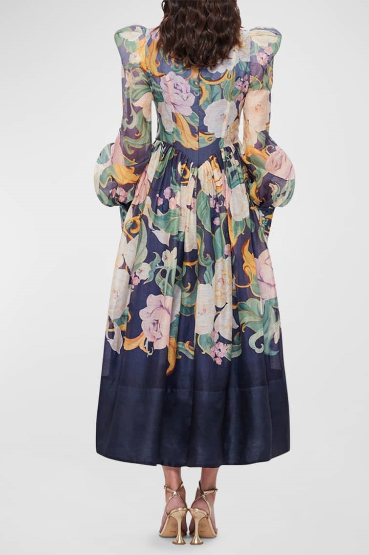 Floral Round Neckline Long Sleeve Midi Dress