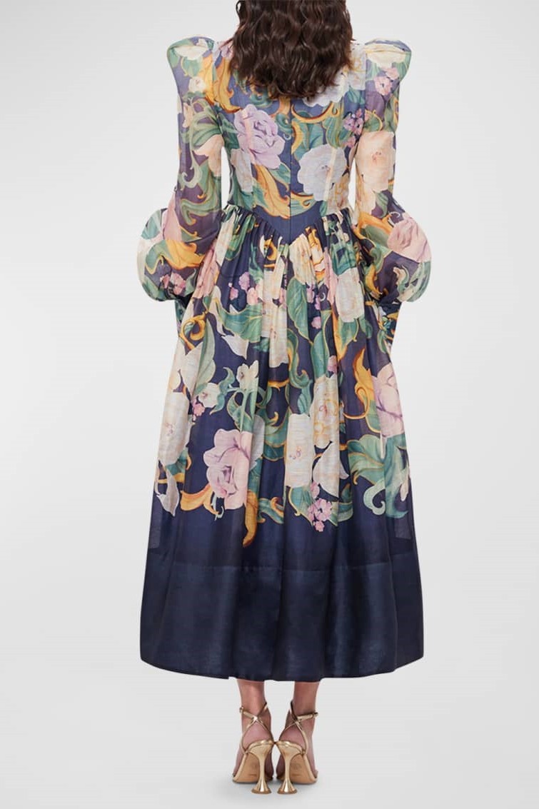Floral Round Neck Long Sleeve Midi Dress