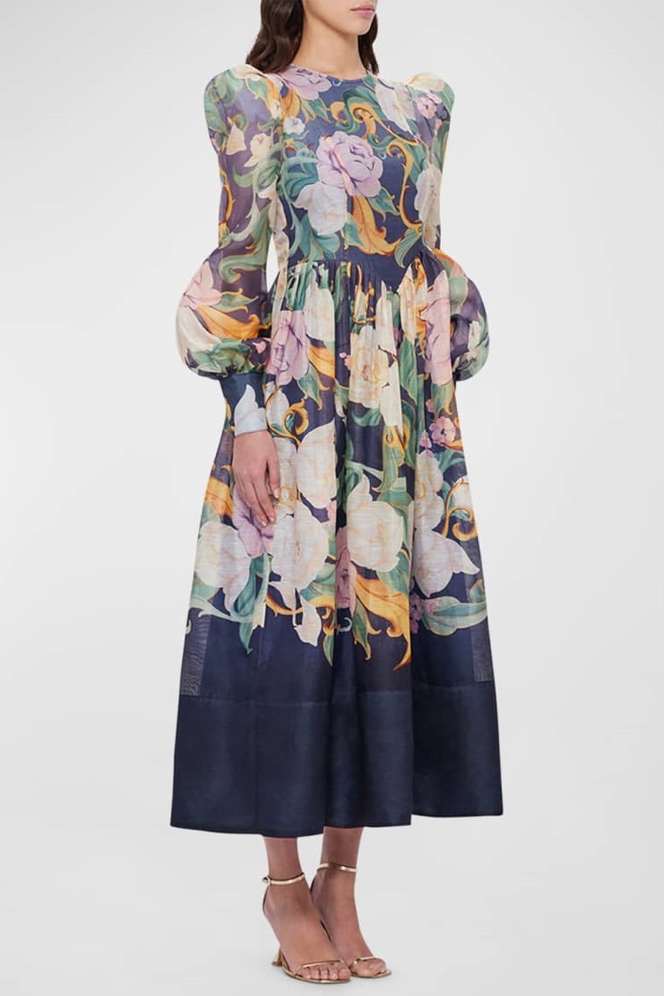 Floral Round Neck Long Sleeve Midi Dress