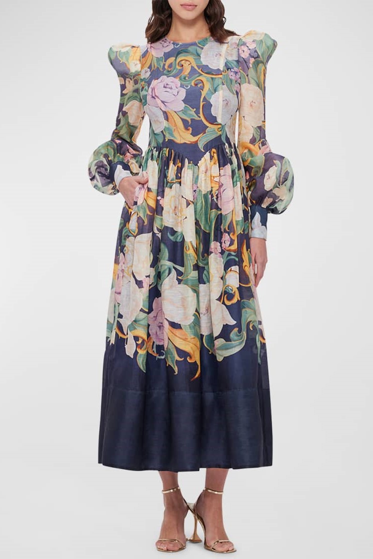 Floral Round Neckline Long Sleeve Midi Dress
