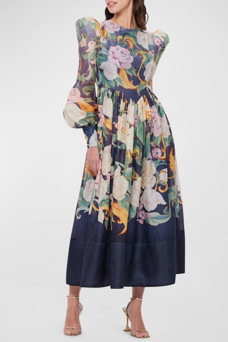Floral Round Neck Long Sleeve Midi Dress